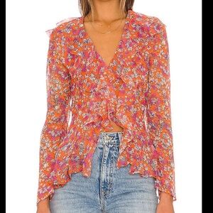Free People Floral Ruffle Top in Orange and Pink